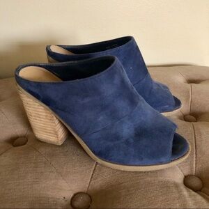 Blue suede wooden block heel mules